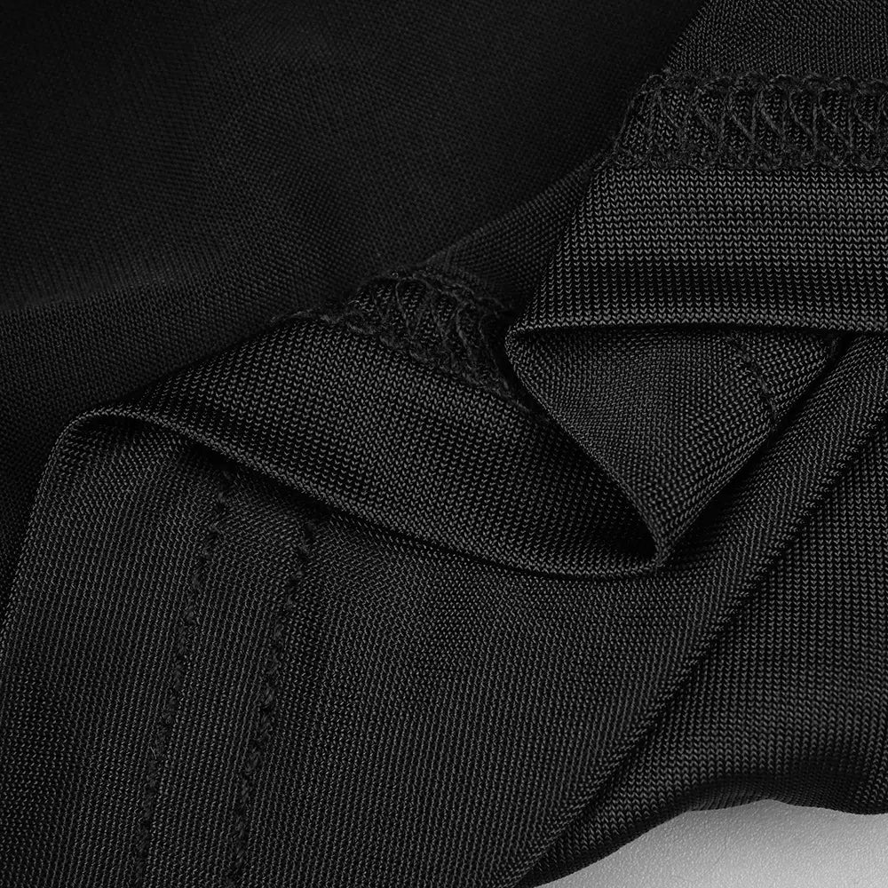 black woven fabric with subtle textured weave and stitched edges on the back of a black camisole backless slim fit velvet floral gown