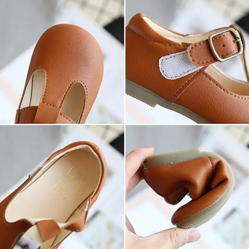 Tan leather versatile single shoes for toddlers featuring a buckle strap and soft rubber sole as pea shoes versatile option.