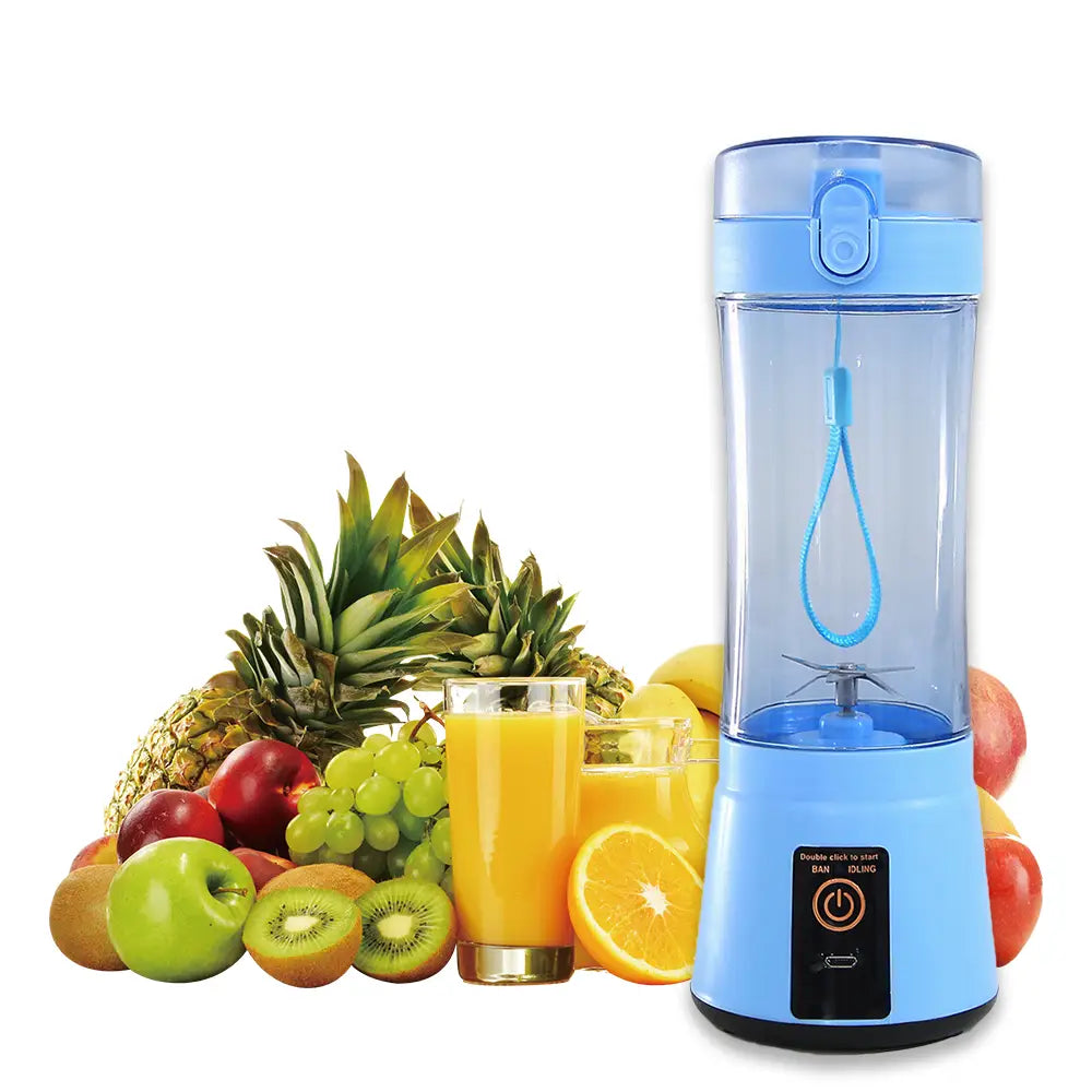Light blue electric fruit juicer with a transparent body, matching handle, and black control panel at the base designed as a portable electric fruit mixer.