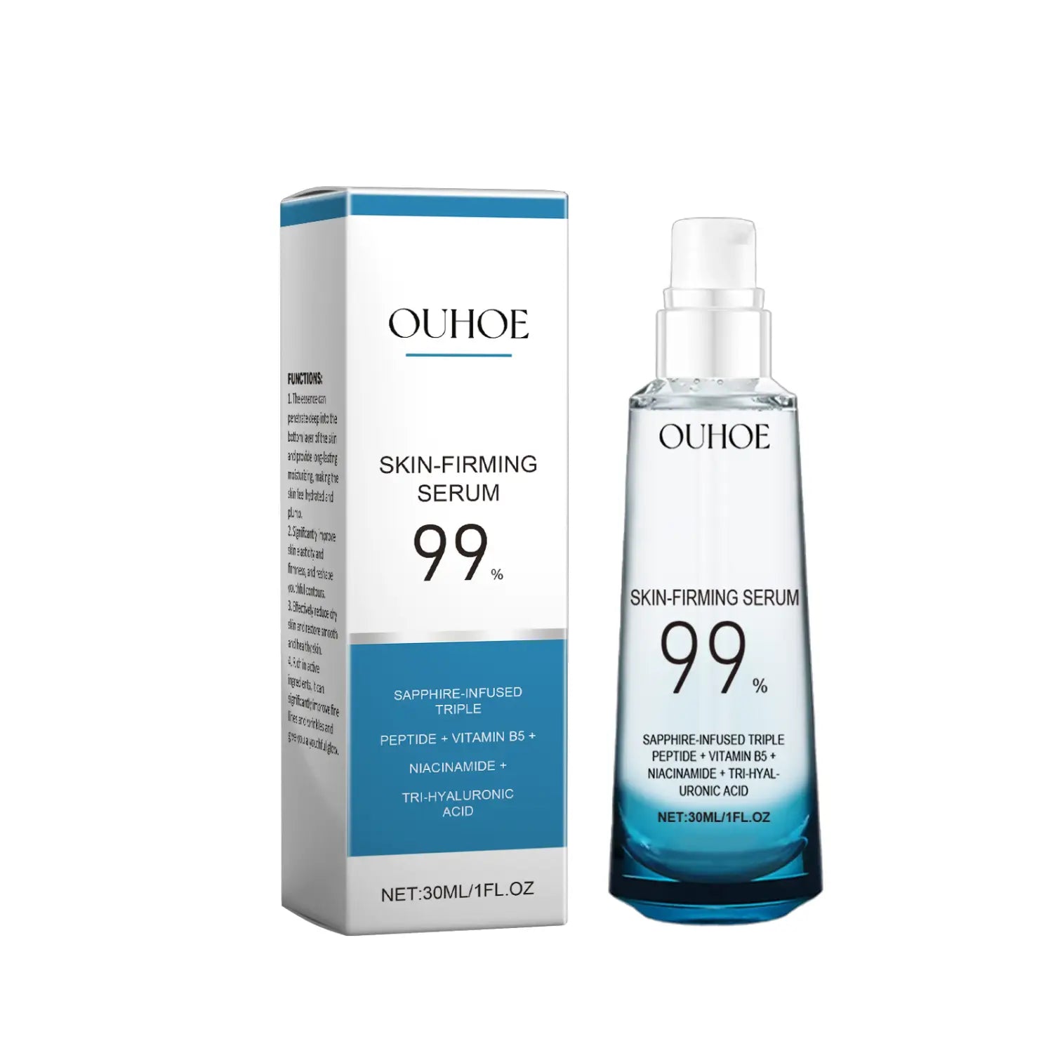 Ouhoe firming anti-aging care liquid serum in a clear glass bottle with blue gradient liquid and white pump alongside a matching box for anti-aging care liquid use