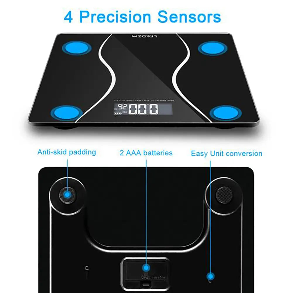 modern household electronic scale with black glass and four blue circular sensors featuring a sleek and modern design ideal for household electronic scale use and electronic scale wholesale by a scale wholesale manufacturer.