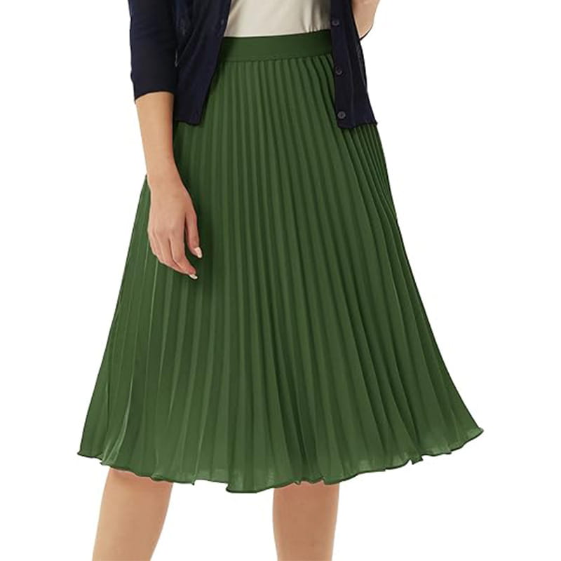 A mid-thigh length olive green pleated large swing casual skirt made of smooth, flowing fabric with a fitted waistband.