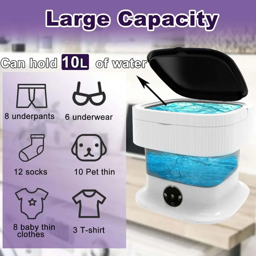 White and black foldable 10l portable washing machine designed for baby clothes with a water capacity of 10 liters