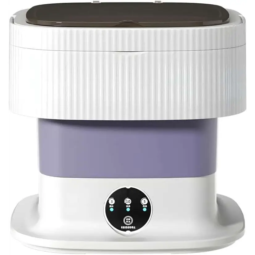 White and lavender foldable 10l portable washing machine with ribbed texture and dark brown lid for baby clothes cleaning