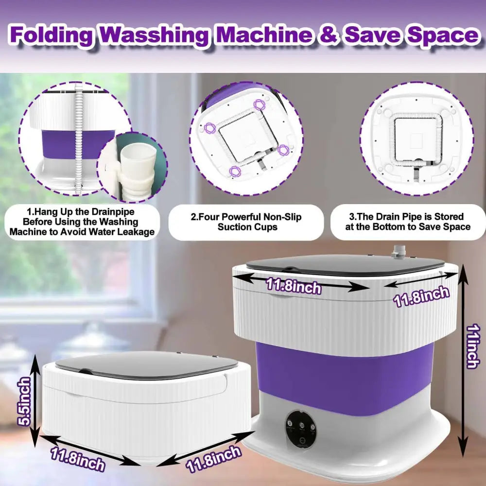 Purple and white folding 10l portable washing machine with ribbed exterior design for baby clothes cleaning
