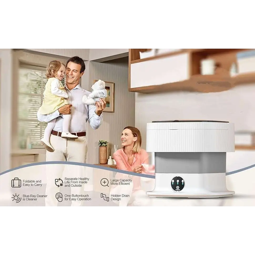 White and gray cylindrical 10l portable washing machine with vertical ridges and front control panel for baby clothes cleaning