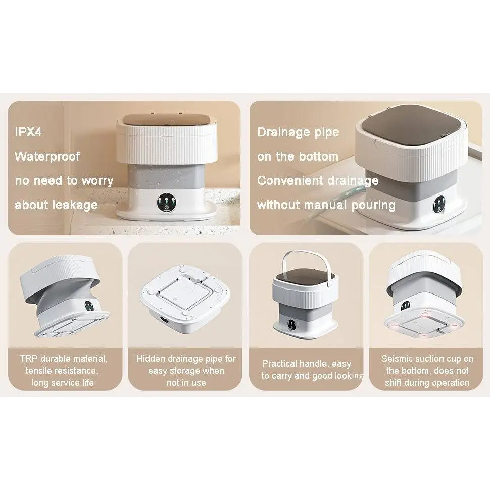 White and gray foldable 10l portable washing machine with a sleek design for baby clothes cleaning