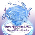 Blue water swirling in vortex around white base featuring new upgraded 60w power motor in 10l portable washing machine for baby clothes