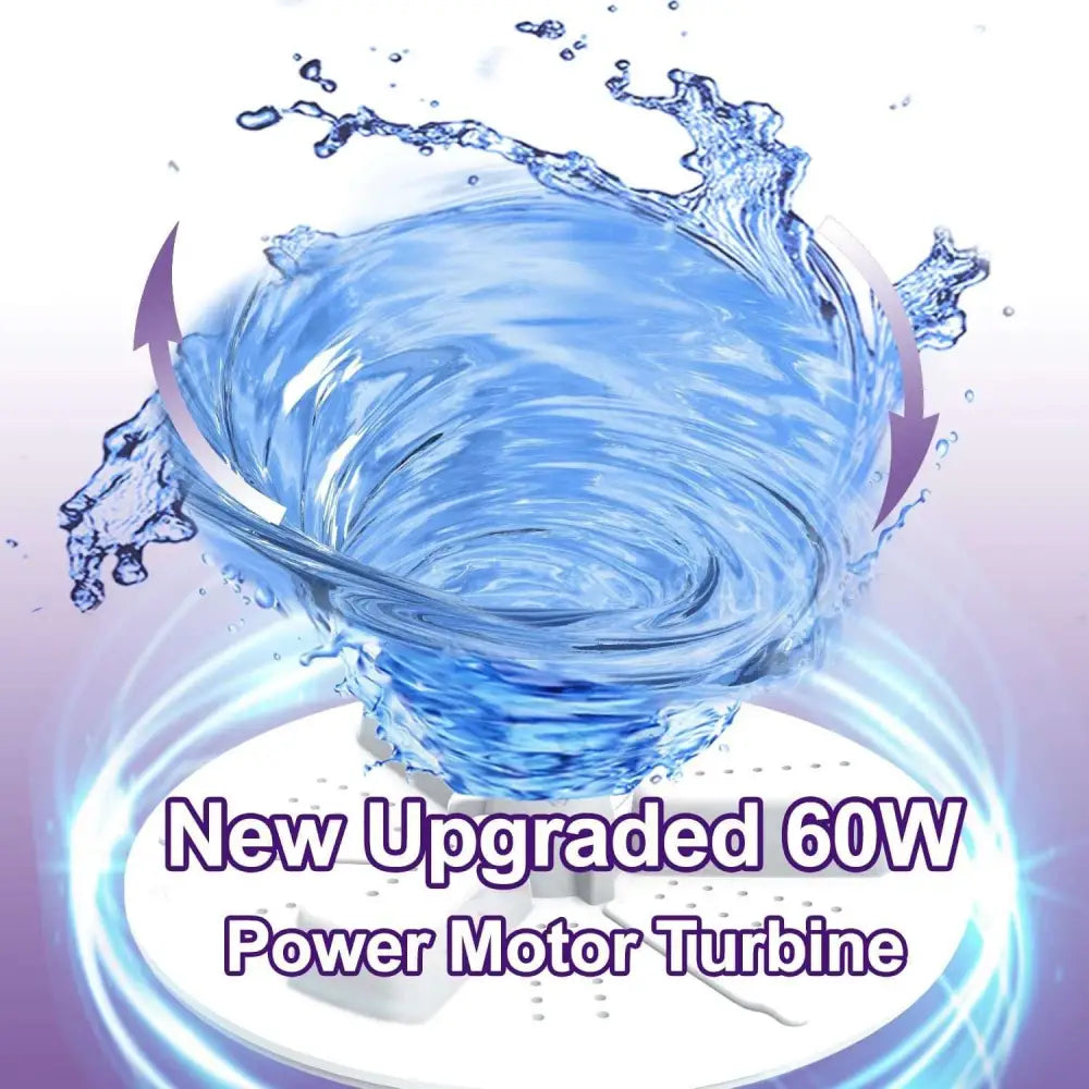 Blue water swirling in vortex around white base featuring new upgraded 60w power motor in 10l portable washing machine for baby clothes