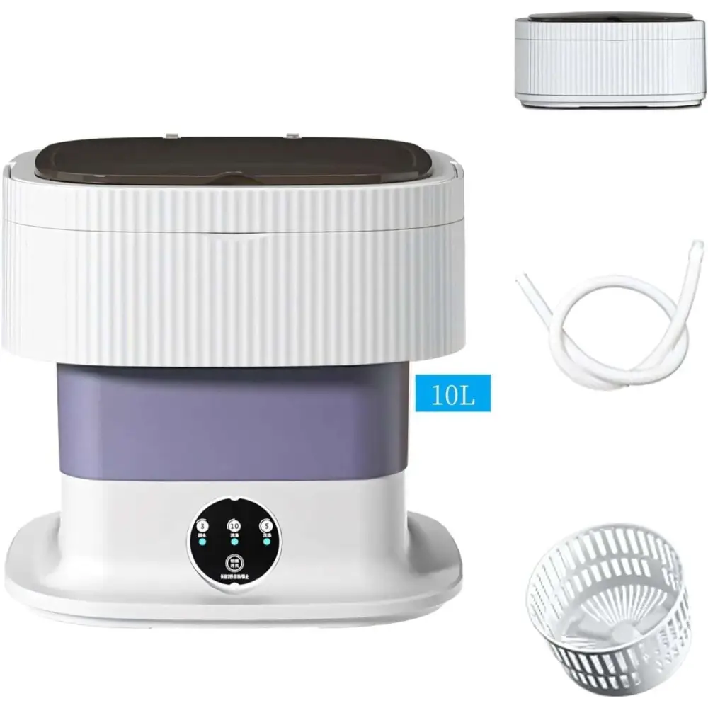 White and purple 10l portable washing machine for baby clothes with ribbed texture digital control panel and detachable basket