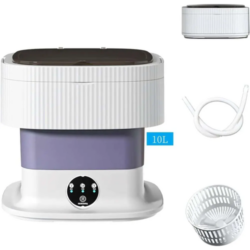 White and purple 10l portable washing machine for baby clothes with ribbed texture digital control panel and detachable basket