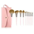 11 piece premium pink leather makeup brush set with soft golden brown bristles and sleek pastel pink handles