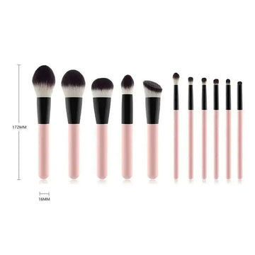 Set of ten pink and black piece premium makeup brushes with soft bristles for precise cosmetic application