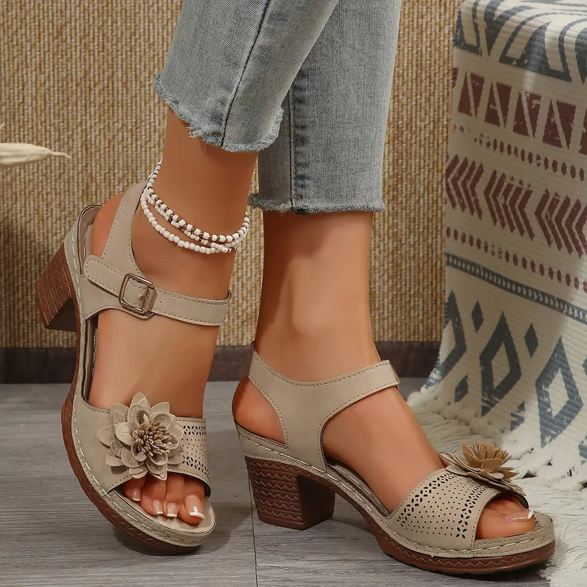 Beige floral flowers chunky heel sandals with perforated leather upper and woven sole ideal for heel sandals summer.