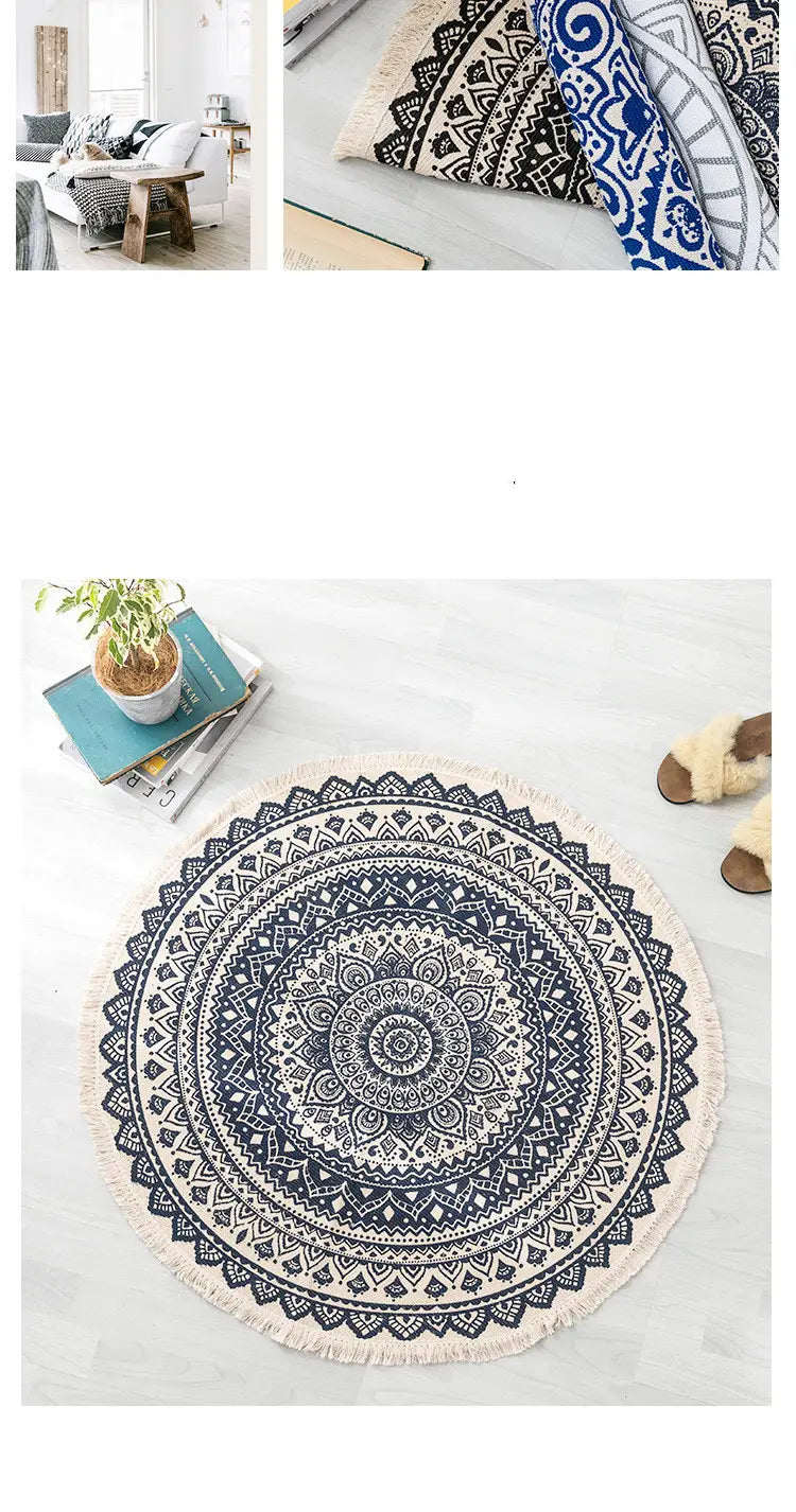 Navy mandala ethnic style round carpet floor mat featuring a circular black and white mandala design with intricate patterns and a fringe border.