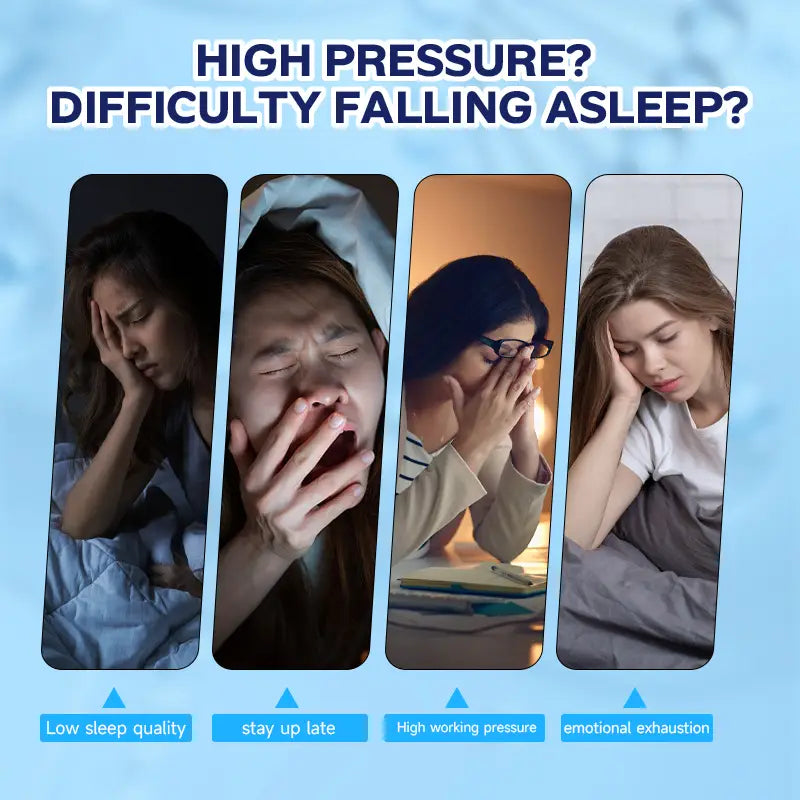 blue banner with white text reading high pressure difficulty falling asleep above four vertical panels showing women in distressing sleep-related scenarios promoting ultimate magnesium supplement complex capsules for improved sleep and stress relief.