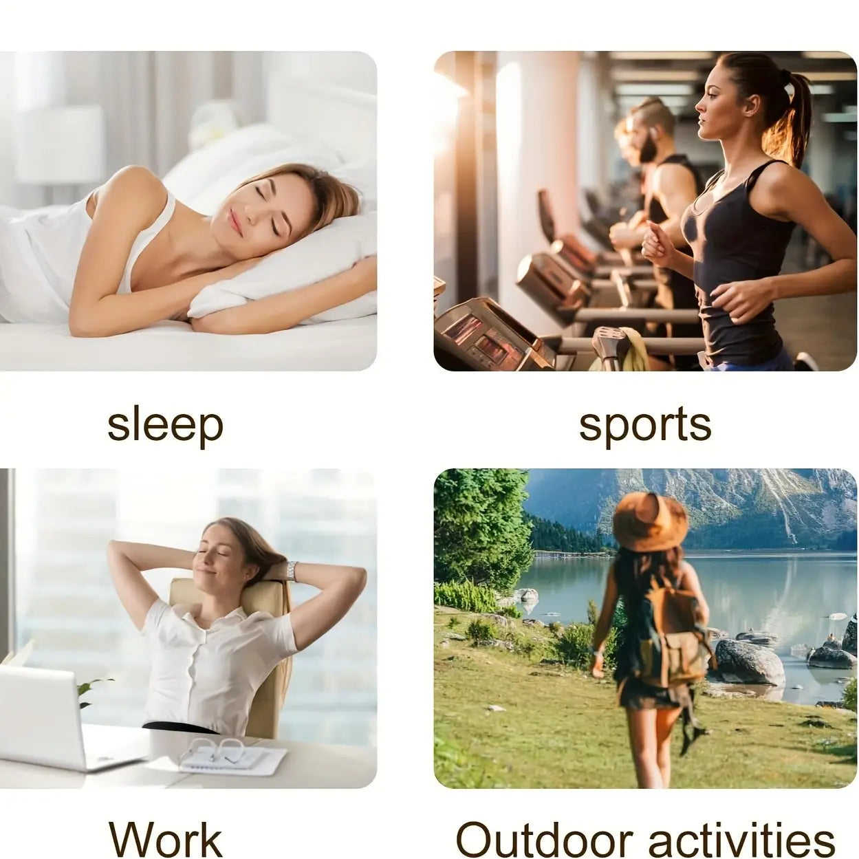 the magnetic slimming navel belly button patch is shown in four lifestyle scenes sleep sports work and outdoor activities illustrating its use as a button patch slimming product.