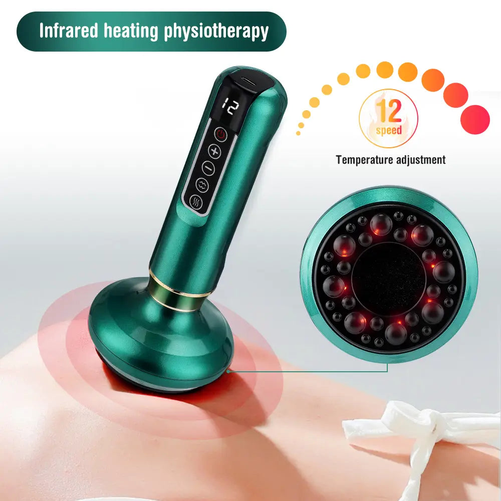 teal-colored electric vacuum cupping massager and gua sha device with infrared heating, digital display, and 12-speed temperature adjustment for physiotherapy use