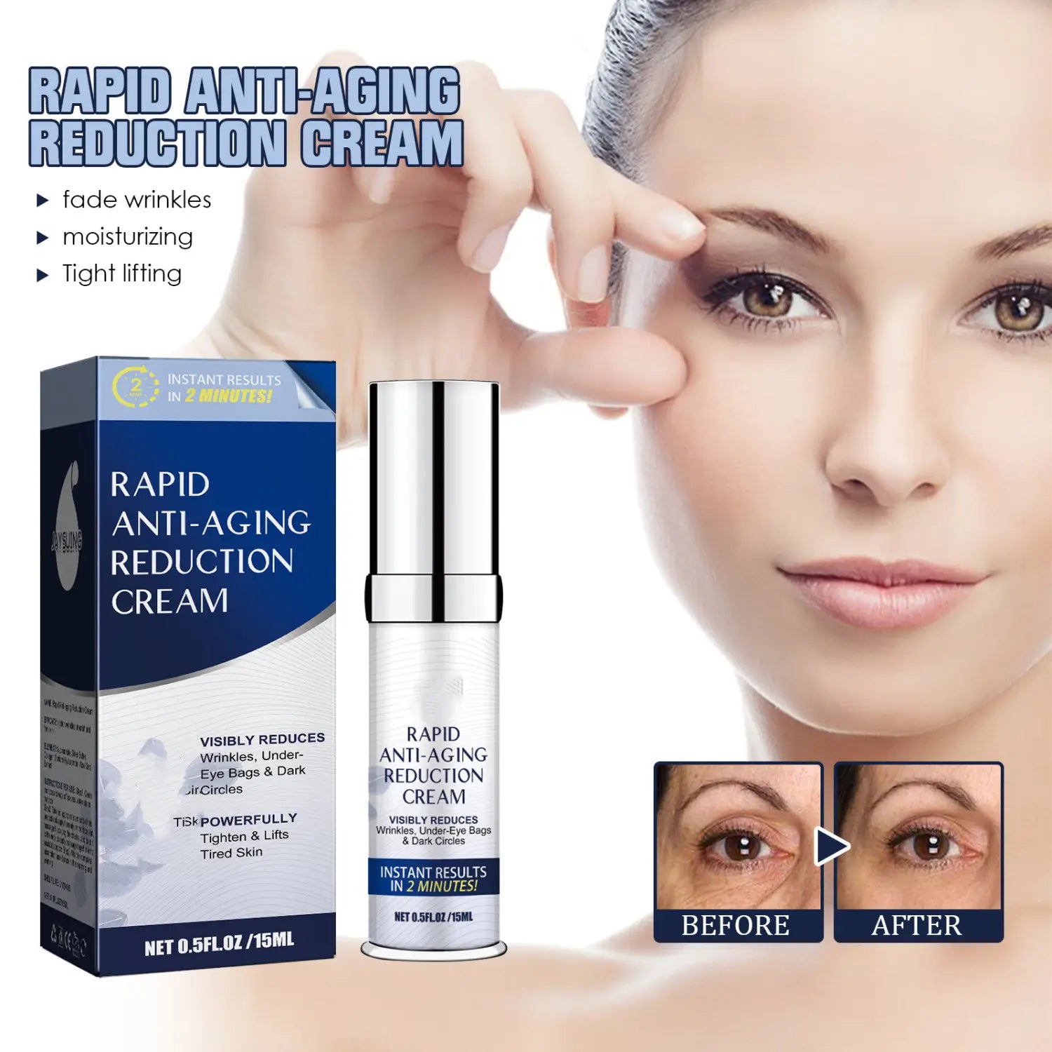 Silver-topped glass bottle of blue moisturizing cream lifting with a sleek minimalist design for tightening fine lines and fine lines repair.