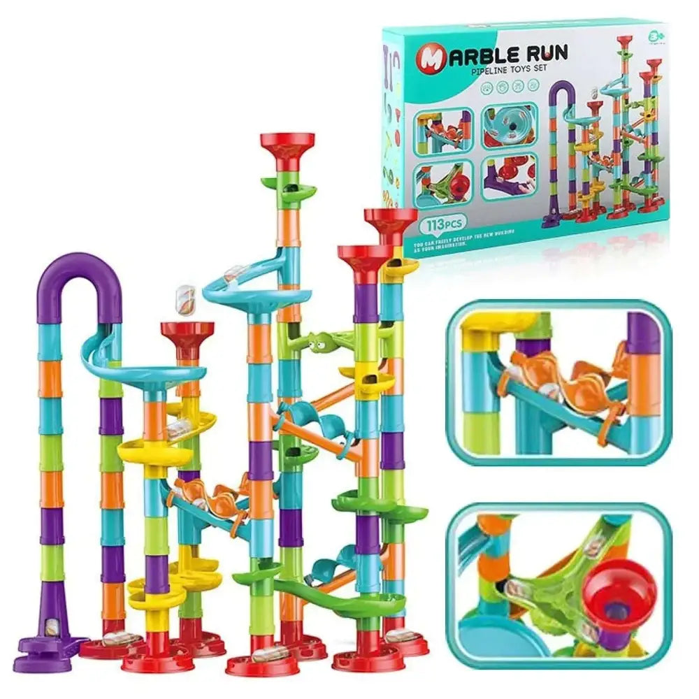 Colorful 113 pcs marble run stem building set with vibrant rainbow plastic pipes and ramps for educational play