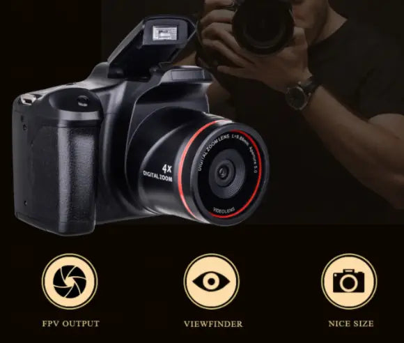 Black royale essence lux digital camera with red-accented lens and 4x optical zoom factor.