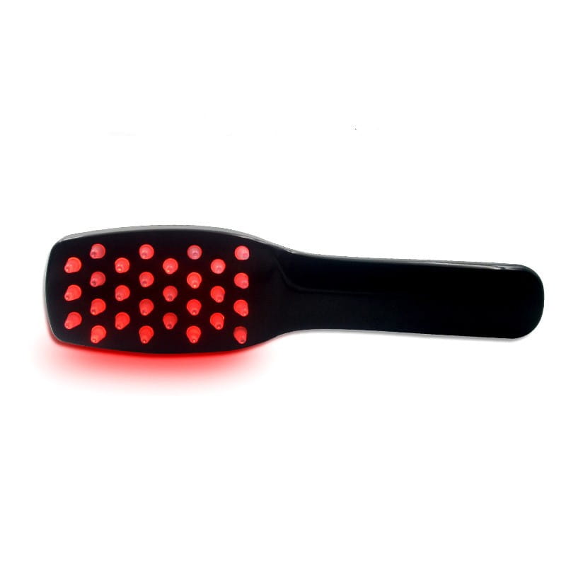 black handheld iridescent hair care phototherapy led comb featuring a flat surface with a grid of glowing red leds for hair care head treatment