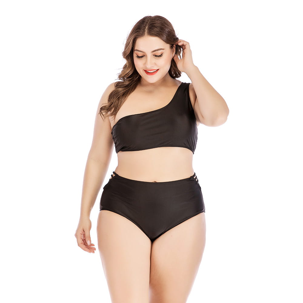 black one-shoulder high waist plus size swimsuit set designed for comfortable and stylish swimwear use