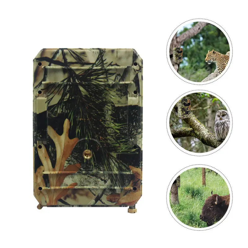 A rectangular waterproof 1080p trail camera with night vision features a camouflage pattern of pine branches leaves and earth tones for outdoor use.