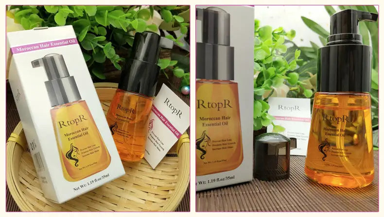 Golden-hued Moroccan hair care essential oil in a sleek black pump bottle with silver accents branded rtopr