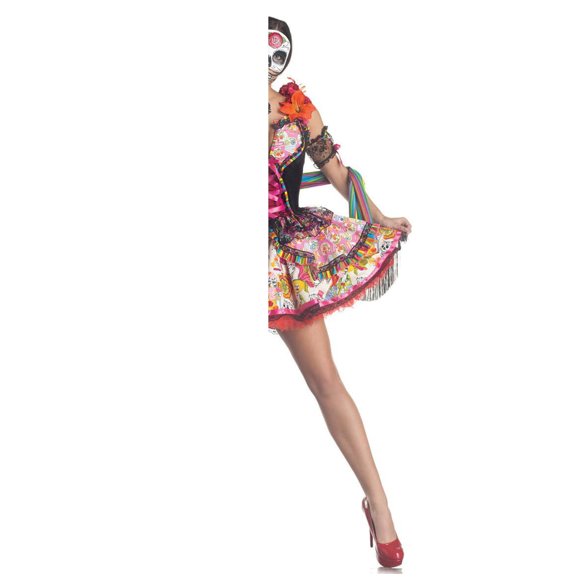 A vibrant floral day of the dead spiritual love costume dress featuring colorful sugar skull patterns for halloween spiritual love and love costume performance.