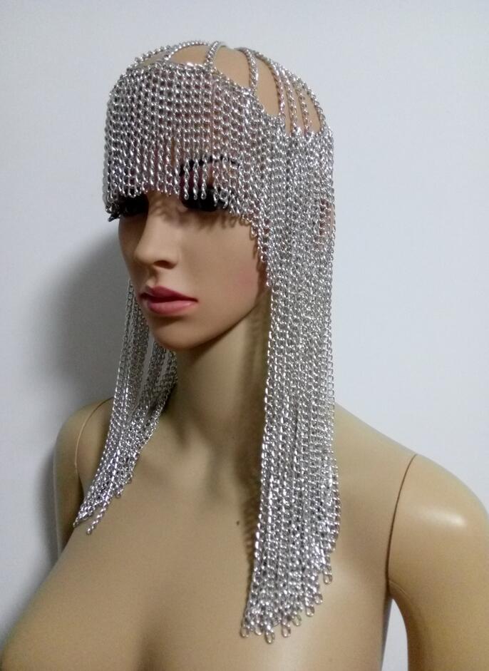 Silver chainmail dome pendant mask head chain with cascading tassels in metallic mesh material
