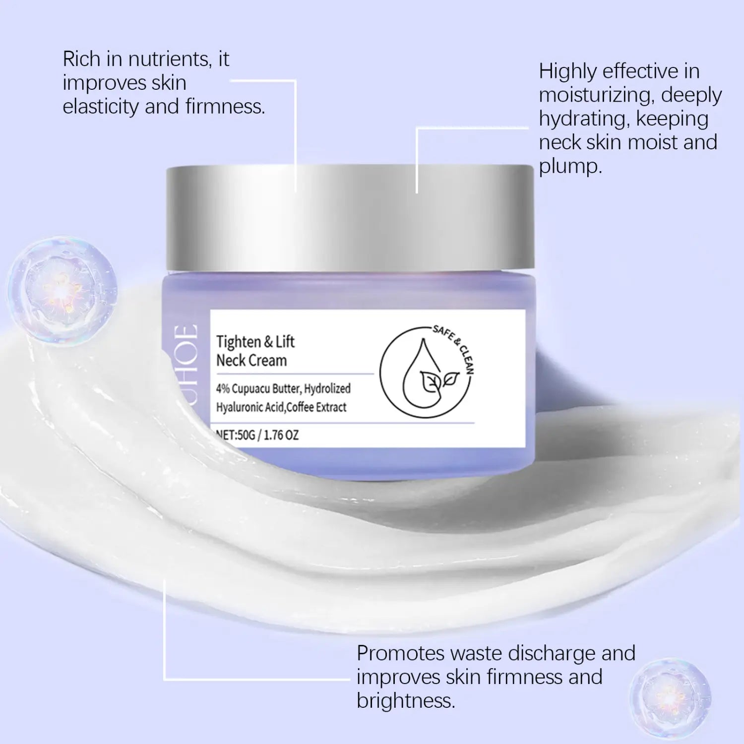 a lavender-colored cylindrical jar of anti-aging neck cream smoothing fine lines with a silver lid and white label featuring product details