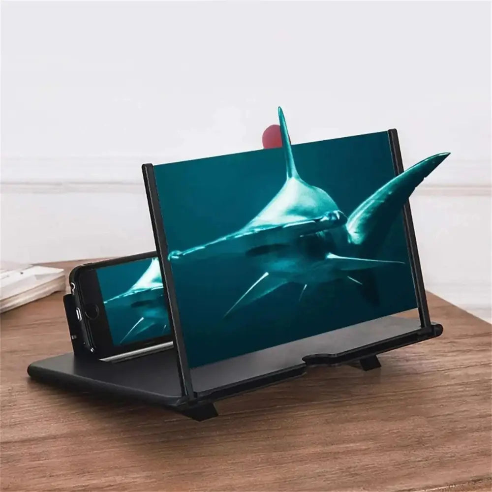Black plastic 12 inch phone screen magnifier stand with clear screen displaying shark image for enhanced viewing