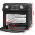 Black 12 liter air fryer oven with dual knob control temperature range and transparent glass doors showing wire racks inside