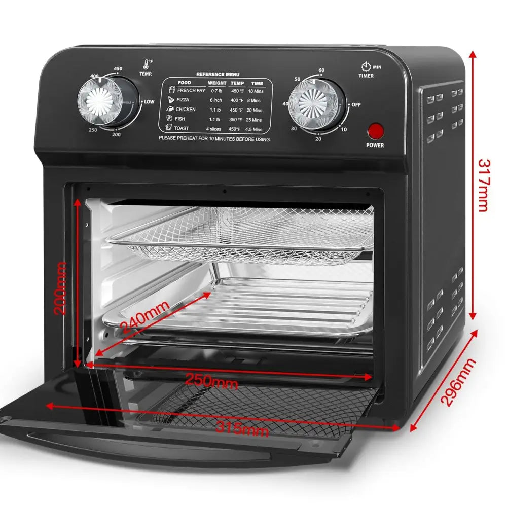 Black 12 liter air fryer oven with dual knob control temperature range and transparent glass doors showing wire racks inside
