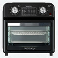 Black plumchef 12 liter air fryer with dual knob control, stainless steel interior, and mesh basket temperature range