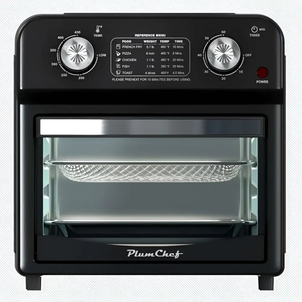 Black plumchef 12 liter air fryer with dual knob control, stainless steel interior, and mesh basket temperature range