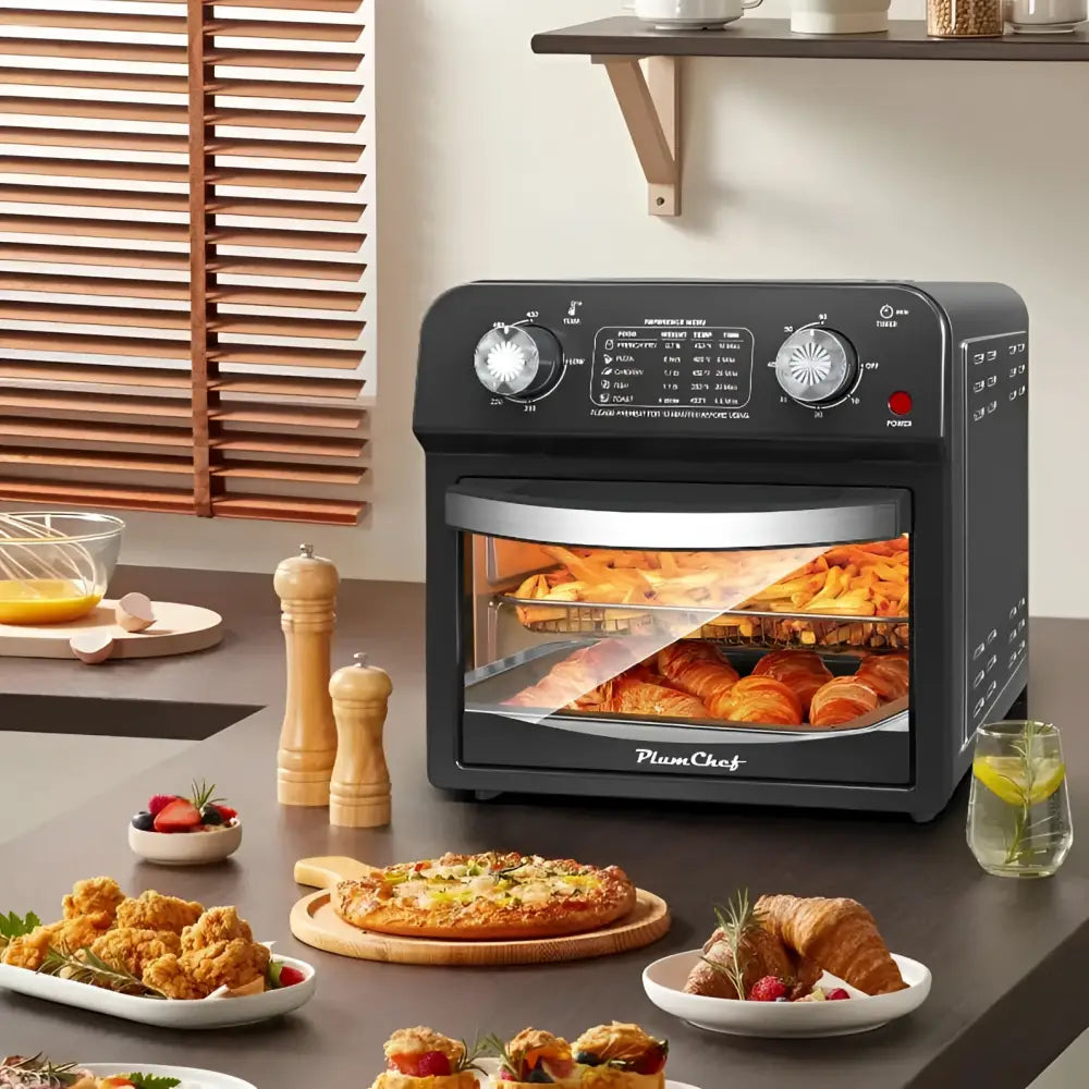 Black plumchef 12 liter air fryer with dual knob control stainless steel door temperature range cooking fries croissants