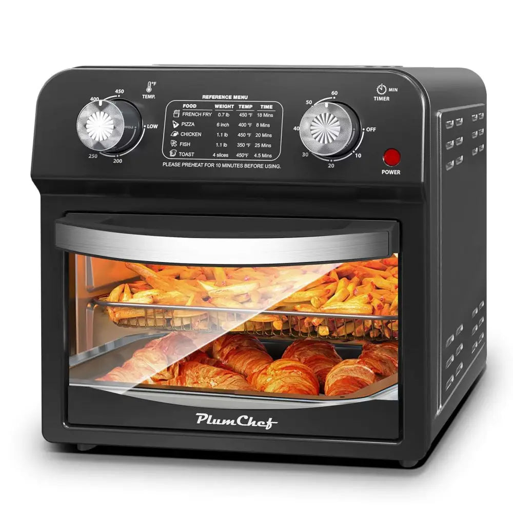 Black plumchef 12 liter air fryer with dual knob control stainless steel handle and two racks of fries and croissants