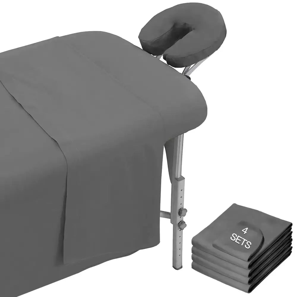 Gray microfiber massage table sheets set with cover and matching headrest cushion for massage bed use, 12 pieces included