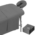 Gray microfiber massage table with padded headrest and adjustable metal frame included in 12 piece massage table sheets set
