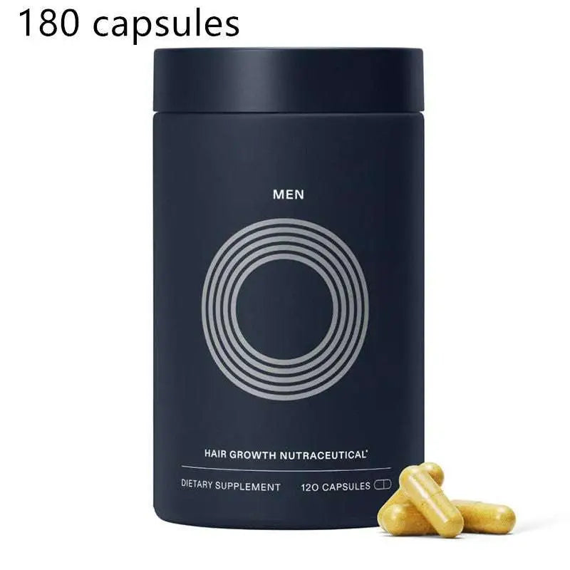 Dark blue cylindrical container labeled men hair care with silver design containing 180 golden hair care capsules