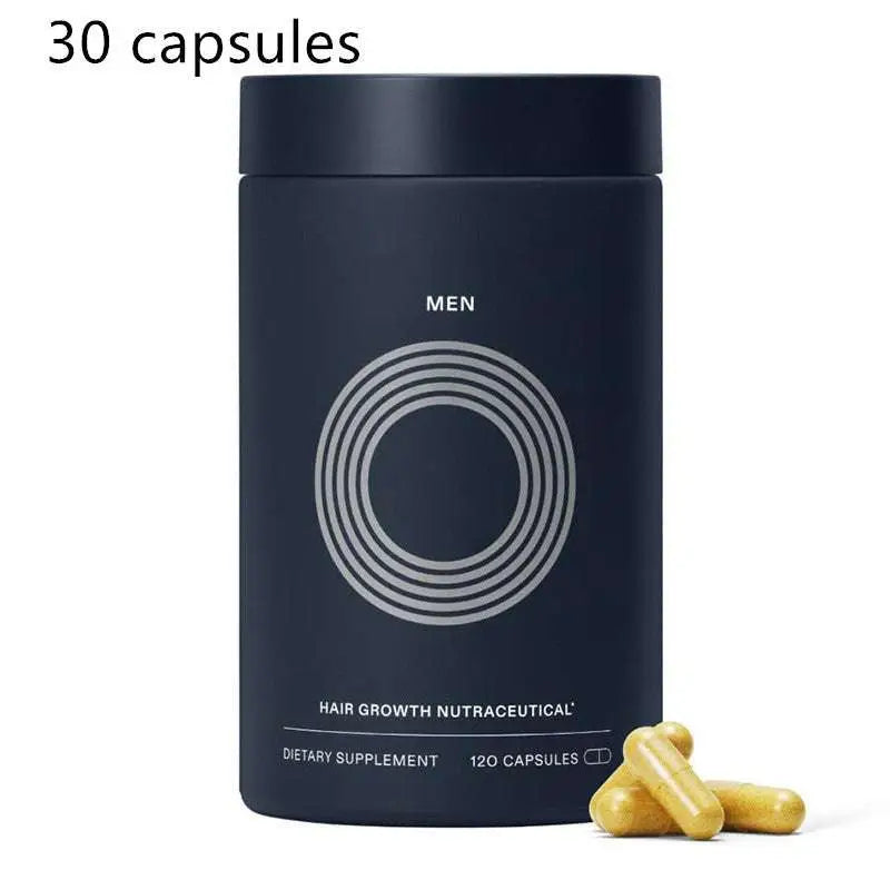 Dark blue cylindrical men hair care capsules container with silver circle design holding 30 golden capsules