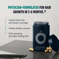 Dark blue cylindrical container with white concentric circles labeled men holding 120 hair care capsules for men hair care