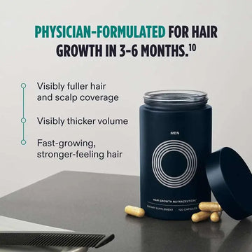 Dark blue cylindrical container with white concentric circles labeled men holding 120 hair care capsules for men hair care