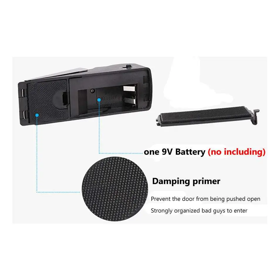 Black plastic 120db electronic burglar alarm wedge door stop showing back side with textured damping primer surface