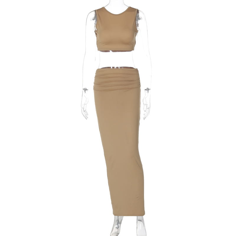 Tan solid color women tank tops long two-piece set featuring a cropped tank top and high-waisted ruched skirt.