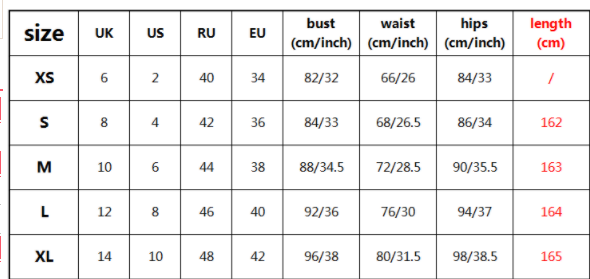 Size chart for black silver sequin women maxi dress with long sleeves showing bust waist hips and length measurements for sizes XS through XL.