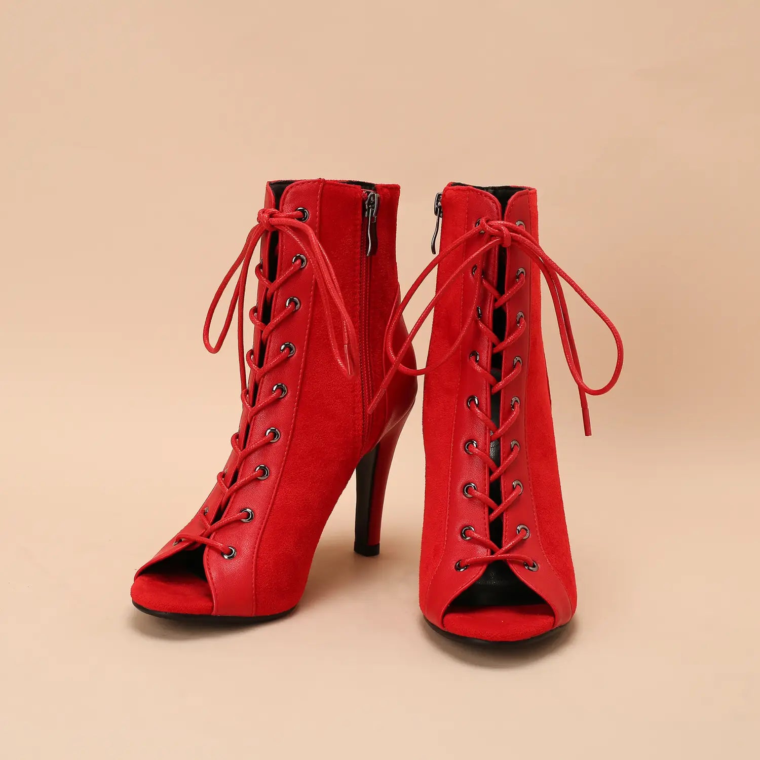 vibrant red suede lace-up ankle boots with a peep toe frosted design and high heel from the snake print peep toe frosted casual shoes collection