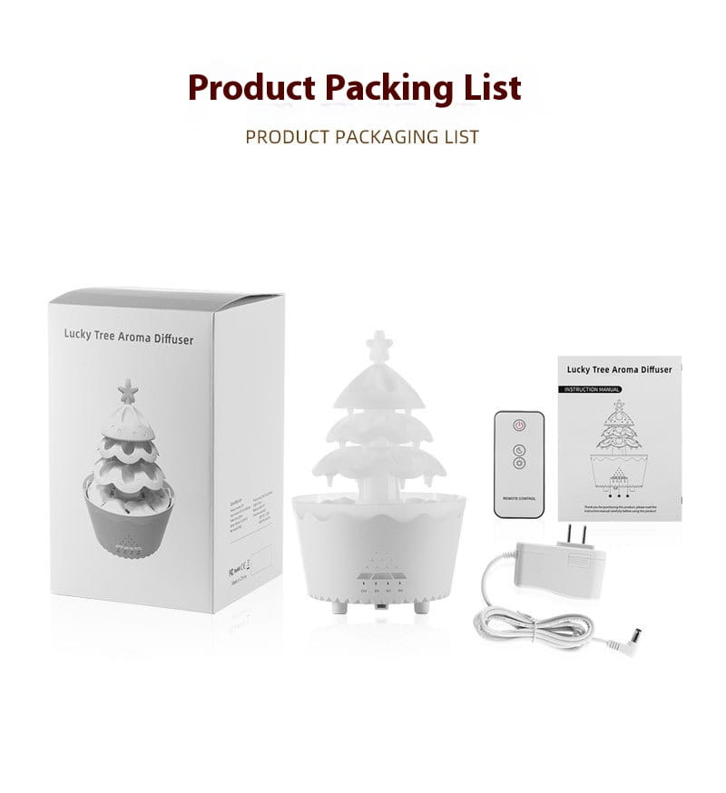 White plastic Christmas tree essential oil aroma diffuser shaped like a tiered tree with a star on top designed for use as an oil aroma diffuser and humidifier.
